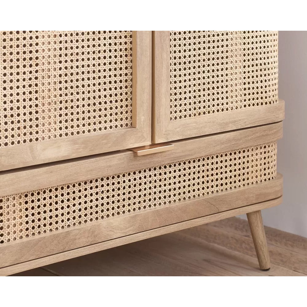 Nixa Oak Rattan Wardrobe: Boho Scandi 90cm 2-door with cane fronts, natural wood legs.