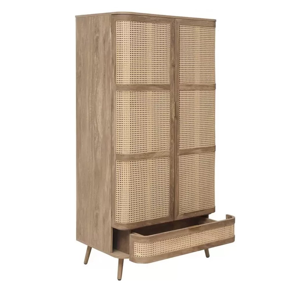 Oak Rattan Wardrobe 90cm: 2-Door Boho Scandi Design with Cane Fronts & Drawer