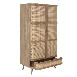 The CHOICEWARDROBE Nixa Oak Rattan Wooden Wardrobe features two cane front doors, a bottom drawer, solid wood legs, and Boho Scandi design—perfect for stylish bedroom storage. Dimensions: 90 cm wide.
