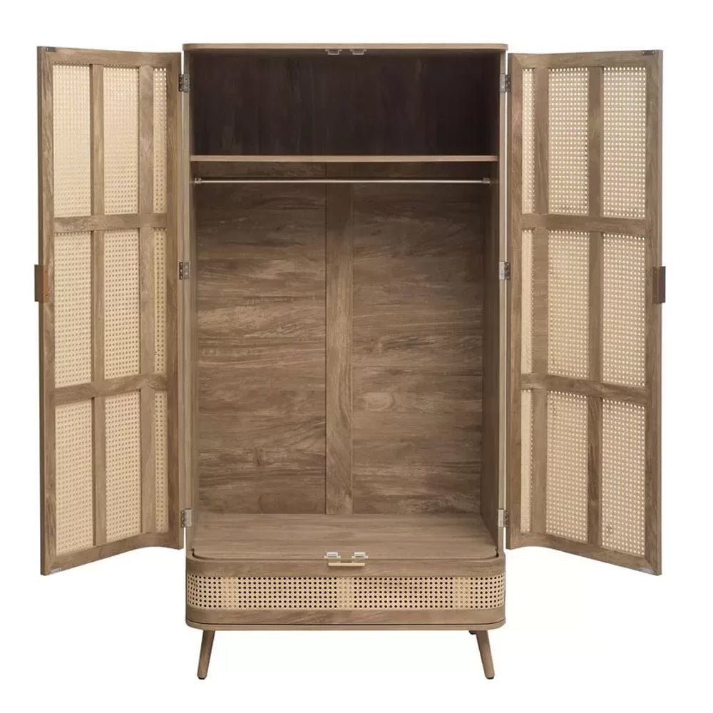 Oak Rattan 2 Door Wardrobe with Drawer | Boho Scandi Style Bedroom Furniture