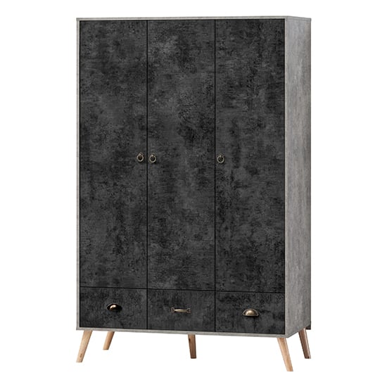 CHOICEWARDROBE Noein 113cm 3-door charcoal concrete effect wardrobe with wooden legs