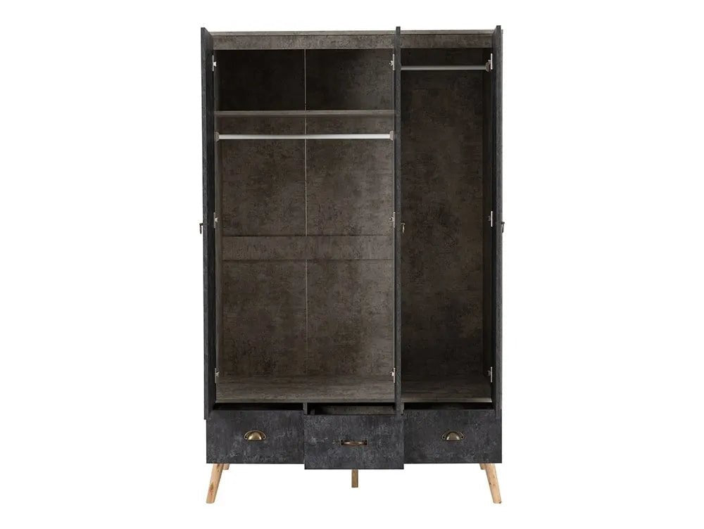 CHOICEWARDROBE Noein 113cm 3 door 3 drawer wardrobe, concrete effect charcoal two-tone with wooden legs.