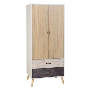 The CHOICEWARDROBE Noein 2 Door Wooden Wardrobe in white and distressed oak effect features a modern retro design with dual drawers, angled legs, and simple metal handles for a clean, contemporary look.
