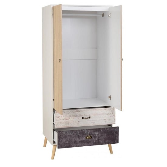 CHOICEWARDROBE Noein 2 door wooden wardrobe with distressed oak effect and drawers on angled legs.
