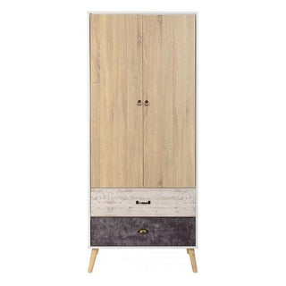 The CHOICEWARDROBE Noein 2 Door Wooden Wardrobe in White & Distressed Oak Effect features a modern retro design with dual drawers below, unique finishes, and angled legs for a stylish yet functional addition to your space.