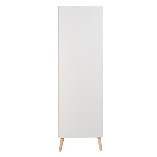 White wardrobe back with distressed oak effect trim and angled wooden legs on white background