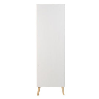 The CHOICEWARDROBE Noein 2 Door Wooden Wardrobe in white and distressed oak, featuring a modern retro design, dual drawers, and angled light wooden legs, is showcased against a white background.