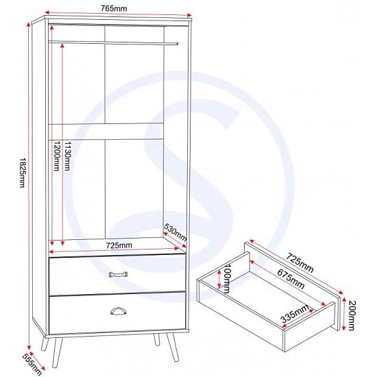 Line drawing of CHOICEWARDROBE Noein 2 door wardrobe, 1825mm H x 765mm W, with two drawers.
