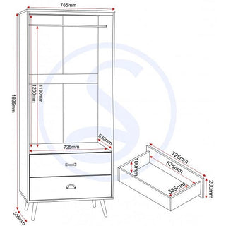 Line drawing of the CHOICEWARDROBE Noein 2 Door Wardrobe (White & Distressed Oak), 1825mm H x 765mm W x 530mm D, modern retro design with dual drawers (725mm x 335mm x 120mm) and hanging space. Drawer shown separately.