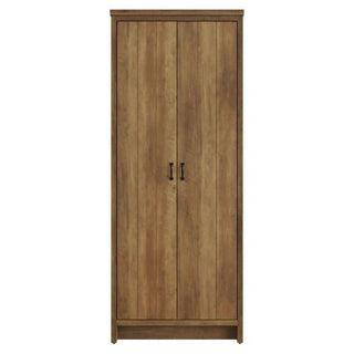 The CHOICEWARDROBE Nolan Knotty Oak 2 Door Wardrobe features a rustic wooden design with black handles in a farmhouse industrial style, standing on a flat base against a plain white background.