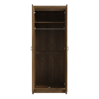 The CHOICEWARDROBE Nolan Knotty Oak 2 Door Wardrobe features a rustic wooden design with black handles, both doors open to reveal an empty interior with a top shelf, hanging rod below, and open bottom space—perfect for farmhouse industrial style.