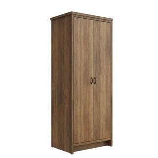 The CHOICEWARDROBE Nolan Knotty Oak 2 Door Wardrobe features a rustic wooden design in light brown, black handles, and a simple farmhouse industrial style. Its tall, rectangular shape stands on a flat base for sturdy storage.
