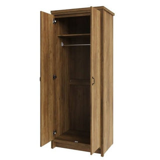 The CHOICEWARDROBE Nolan Knotty Oak 2 Door Wardrobe features a rustic wooden design, natural finish, black handles, a top shelf, hanging rod, and open storage below for farmhouse industrial style.