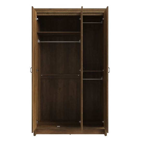 CHOICEWARDROBE Nolan knotty oak 3 door wardrobe open, showing hanging rails and shelves.