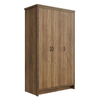 The CHOICEWARDROBE Nolan Knotty Oak 3 Door Wardrobe features a rustic wooden design, black handles, and a natural wood grain finish, blending farmhouse and industrial styles in a simple rectangular shape.
