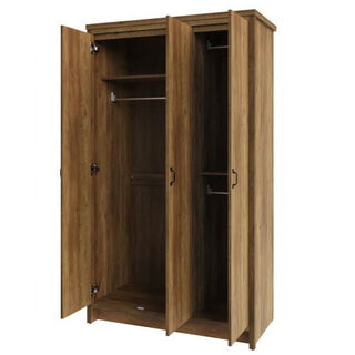 The CHOICEWARDROBE Nolan Knotty Oak 3 Door Wardrobe features a rustic farmhouse industrial design with a natural wood finish, black handles, shelves, hanging rods, and spacious interior behind its three doors.