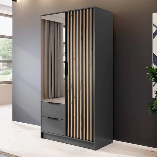 Graphite grey 105cm wardrobe with mirrored door and two drawers, featuring wood slat design.