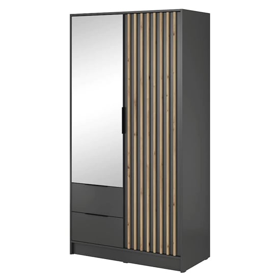 Norco 105cm Graphite Grey wardrobe with mirrored door, wood slat detail and two drawers.