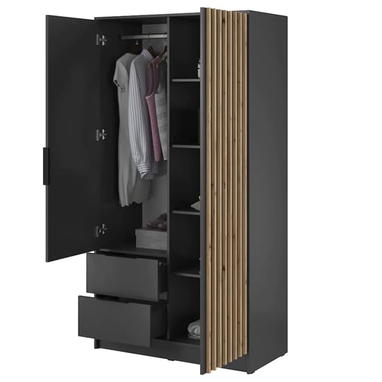CHOICEWARDROBE Norco 105cm Graphite wardrobe open showing 2 hinged doors, shelves, hanging rail and 2 drawers with wood slat design.