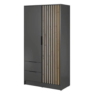 The CHOICEWARDROBE Norco 2 Door Hinged Wardrobe in Matt Black & Oak Slatted Design is a 105cm modern wardrobe featuring two doors, lower drawers, and a hanging rail for stylish storage.
