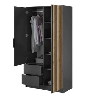 The CHOICEWARDROBE Norco 2 Door Hinged Wardrobe in matt black and oak slatted design stands open, showing hanging clothes, shelves with folded items, and two lower drawers. The right hinged door features decorative vertical oak slats.