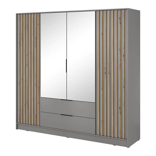 Grey 4-door mirrored wardrobe with oak slatted side panels and central drawers.