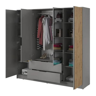 The CHOICEWARDROBE Norco 206cm 4 Door Mirrored Wardrobe in grey with oak slatted panels and central drawers showcases hanging clothes, folded items on shelves, handbags, shoes, and two open bottom drawers.