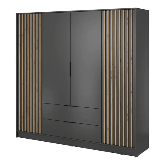 CHOICEWARDROBE Norco 4 door wardrobe in matte black with oak slatted panels and central drawers.
