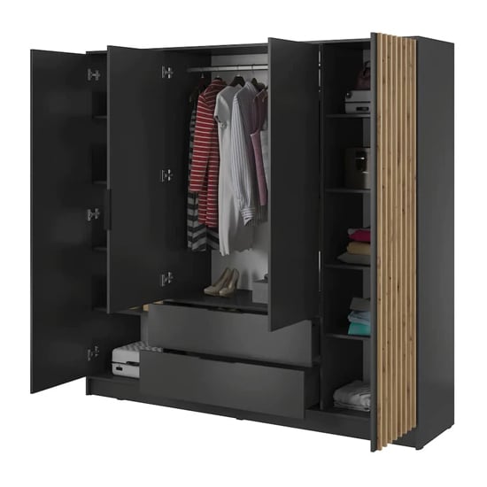 Black 4 door wardrobe with oak slatted panels and central drawers