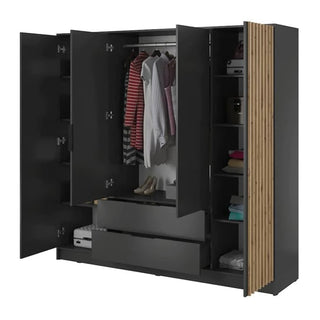 The CHOICEWARDROBE Norco 206cm 4 Door Wardrobe in matte black with oak slatted panels and central drawers offers organized storage for clothes, shoes, and accessories behind four hinged doors.