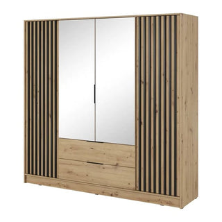 The CHOICEWARDROBE Norco 206cm Oak Effect 4 Door Wardrobe features two full mirrored doors, black slatted side panels, a modern minimalist design, and two bottom drawers.