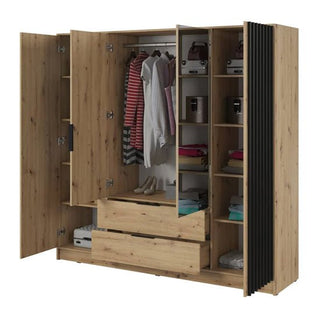 The CHOICEWARDROBE Norco 206cm Oak Effect 4 Door Wardrobe features 2 full mirrored doors, slatted panels, drawers, and spacious storage for clothes and accessories, all in a natural oak finish.