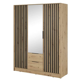 The CHOICEWARDROBE Norco 3 Door Mirrored Wardrobe features a 155cm oak finish, modern black slatted design, two center drawers, a tall mirror on the middle door, and a hanging rail for an elegant storage solution.