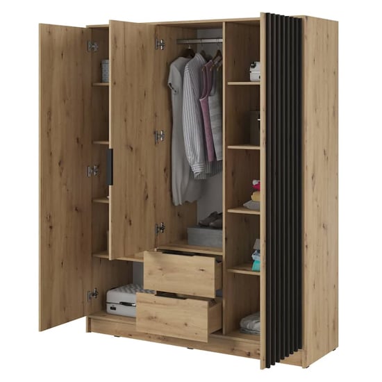 CHOICEWARDROBE 3-door oak effect wardrobe with mirrored door and black slatted design, drawers, and hanging rail.