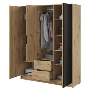 The CHOICEWARDROBE Norco 3 Door Mirrored Wardrobe features an oak finish, modern black slatted design, drawers for storage, a hanging rail for clothes, and spacious shelving.