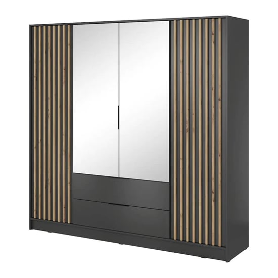 CHOICEWARDROBE Norco 4-door mirrored wardrobe in anthracite grey with oak slat panels and two drawers.