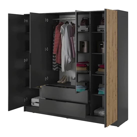 CHOICEWARDROBE 4 door anthracite grey mirrored wardrobe with oak slat panels and drawers.