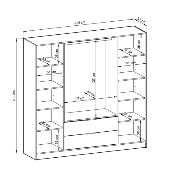 Line drawing diagram of CHOICEWARDROBE Norco 206cm width wardrobe, showing 4 doors, drawers and dimensions.