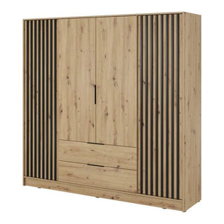 The CHOICEWARDROBE Norco 4 Door Wooden Wardrobe features an oak and black finish, modern slatted design, drawers, shelves, hanging rail storage, and measures 200cm wide.