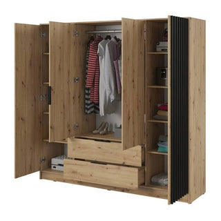 The CHOICEWARDROBE Norco 4 Door Wooden Wardrobe in Oak & Black Finish (200cm) features slatted doors, spacious hanging rails, shelves for folded clothes, two lower drawers, and modern mixed panel design for stylish storage.