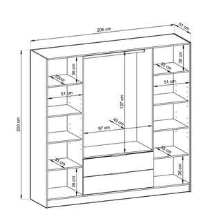 Black and white sketch of the CHOICEWARDROBE Norco 4 Door Wooden Wardrobe in oak & black, sized 200 cm wide, with drawers, shelves, and a hanging rail. All shelf and drawer dimensions are clearly labeled in centimeters.