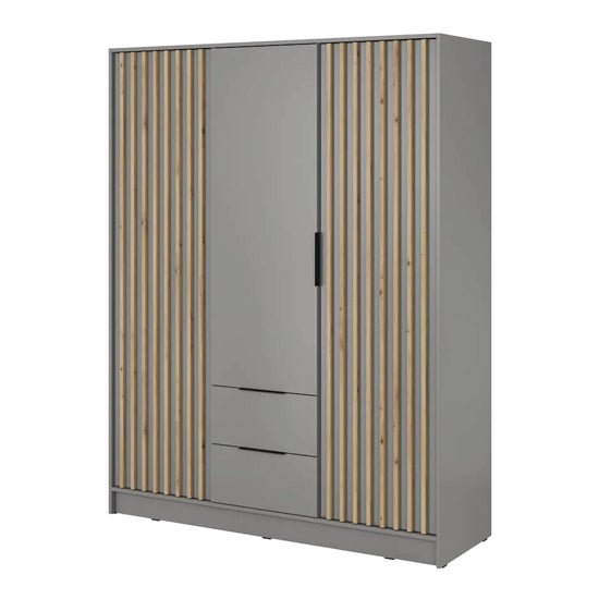 Grey 3-door wardrobe with vertical oak slat detailing and two drawers.