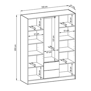 Black and white line drawing of the CHOICEWARDROBE Norco 3 door grey wardrobe (155cm wide), showing shelves, drawers, hanging section, and labeled dimensions for width, height, depth, and shelf spacing in centimeters.