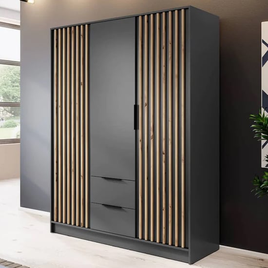 Graphite 3-door hinged wardrobe with oak slat panels and drawers