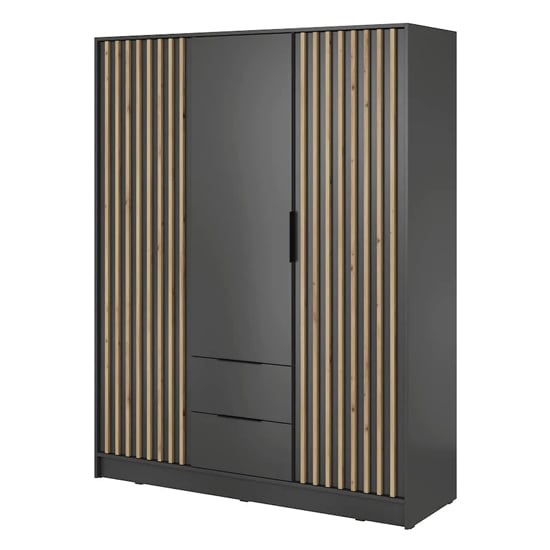 3-door black graphite wardrobe with oak slat detail and two drawers