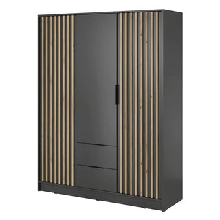 Norco Black & Oak Slat Wooden Wardrobe – angled product view showing modern slatted design