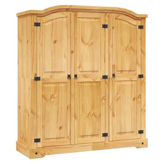 3 door pine wardrobe with natural wood finish and black metal hinges in traditional country style.