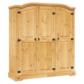 The CHOICEWARDROBE Norland Pine 3 Door Wardrobe features a natural wooden finish, black metal hinges, and a traditional country style—perfect rustic bedroom furniture with classic charm.