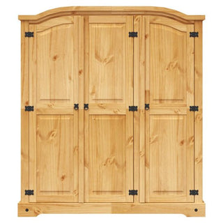 The CHOICEWARDROBE Norland Pine 3 Door Wardrobe features a natural wooden finish, black metal hinges, traditional country style, and a timeless design—ideal rustic bedroom furniture.