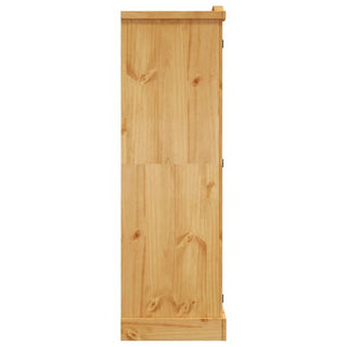 A side view of the CHOICEWARDROBE Norland Pine 3 Door Wardrobe features a tall, rectangular shape, natural wooden finish with black metal hinges, and subtle wood grain—perfect for adding traditional country style to any rustic bedroom.